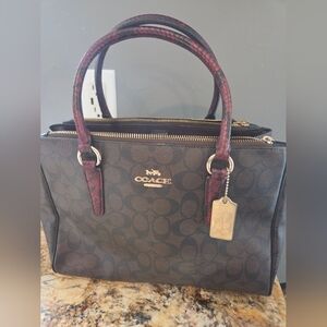 Coach Signature Canvas Satchel with Burgundy-Red Handles